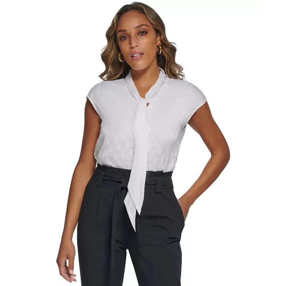 NWT Calvin Klein 2X White Textured Cap Sleeve Tie Neck Blouse